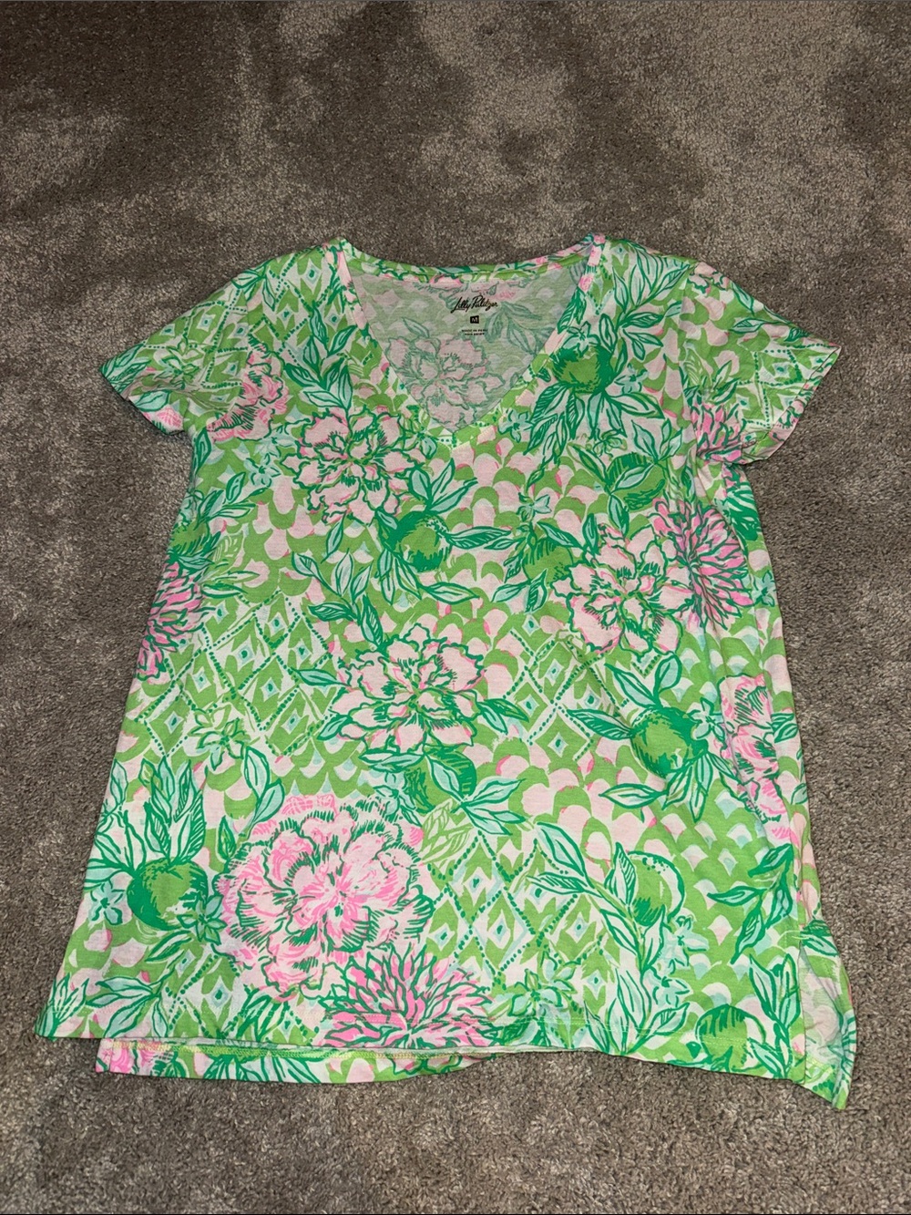 Lilly Pulitzer Green and Pink Floral V-Neck Tee